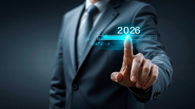A man in a suit touching a button with the number 2026 on it