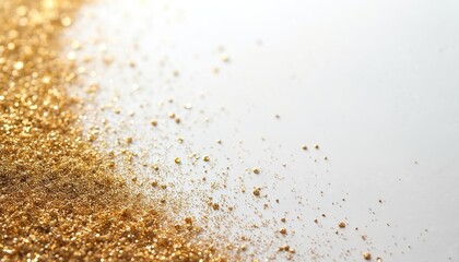 Golden glitter, dust scattered on white background. Tiny sparkles create luxurious, festive texture. Abstract background evokes celebration, glamour, ideal for holiday event designs. Shine effect.