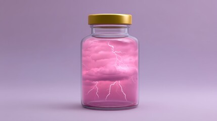 Captivating Glass Jar Displaying a Dreamy Pink Cloud with Lightning and a Charming Gold Lid Against a Soft Purple Background