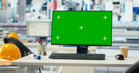 Mockup PC monitor in photovoltaics factory used for analyzing data and reviewing system metrics. Isolated screen computer in solar panels plant troubleshooting technical issues