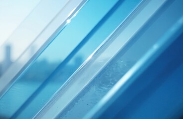Fototapeta premium Blue striped polycarbonate sheets show clear modern texture. Light reflects on smooth plastic surface. Distant city buildings blur in reflection. Abstract tech background conveys transparency, eco