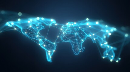 Futuristic Digital Global Network Visualization with Connected Points and Dotted Earth Map Representation in Blue Tones and Dark Background