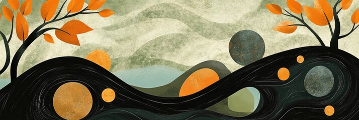 A painting of a forest with trees and a river