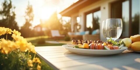 Delicious Summer Barbecue Setup Featuring Grilled Skewers, Fresh Vegetables, and Refreshing Drinks