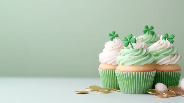 Whimsical St. Patrick's Day Cupcakes Decorated with Shamrocks and Gold Coins for Festive Celebrations