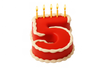 Red birthday cake representing the number 5, decorated with white icing and lit candles, on a transparent background
