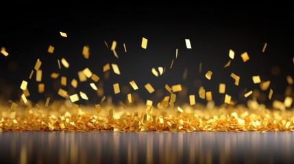 Golden glittering confetti raining down on a shiny surface, creating an enchanting festive atmosphere suitable for various celebrations and special events