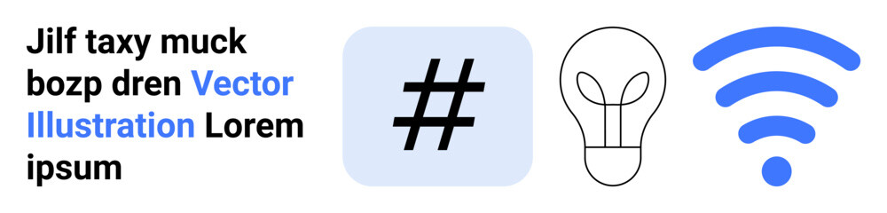 metadata tag inside blue square, light bulb outline, blue wireless signal. Ideal for innovation, creativity, networking, digital technology, connectivity, internet solutions simple landing page