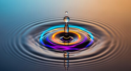 Obraz premium Stunning macro capture of a single water droplet impact, creating a liquid crown with glowing neon ripples and a futuristic color palette