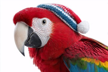 Colorful parrot in a festive red, white and blue Santa hat. Exotic pet wearing Christmas headwear for holiday celebration.