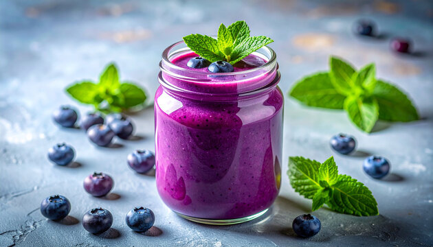Blueberry smoothie in glass jar, tiny fresh mint leaf, vibrant deep purple color. Tasty drink