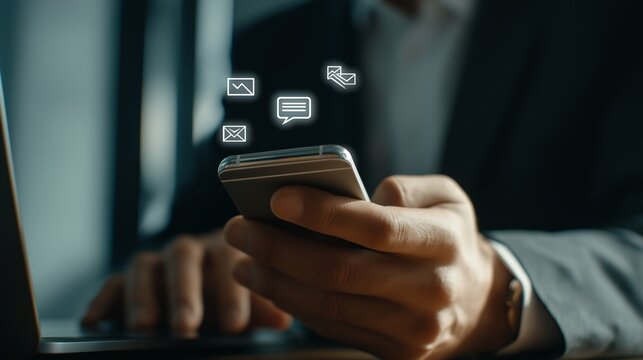 An Individual Engaging with a Smartphone While Managing Digital Communication from a Laptop in an Office Setting