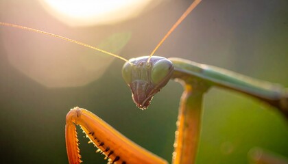 Extreme close up macro photograph of a praying mantis head and raptorial foreleg against bright sunlight