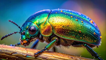 Extreme macro view of a highly iridescent jewel beetle with shimmering colors on wood