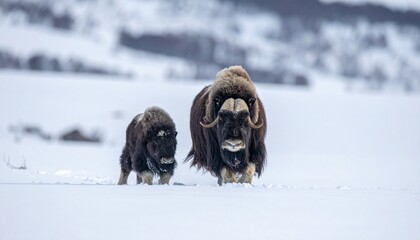 Naklejka premium Adult and young muskoxen walk across a bright white snow covered arctic landscape