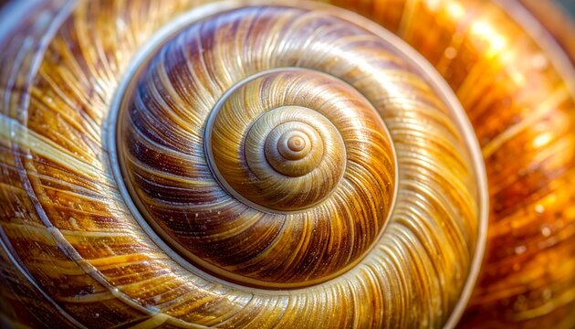 Extreme close up macro shot of a snail shell spiral showing golden brown natural texture and growth lines