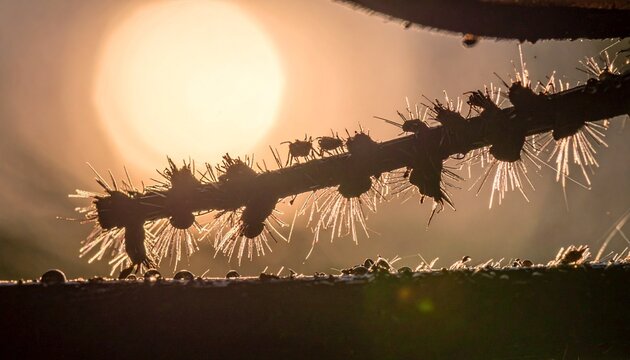 Silhouette of tiny insects on a plant stem covered in frost against a bright morning sun