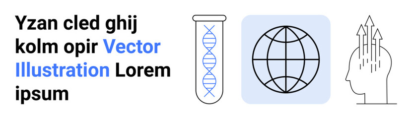 Science, global networks, innovation, technology, genetics, progress. A DNA helix in a test tube, a globe and a human head with upward arrows. Science and global networks concepts