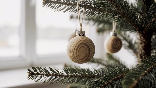 Wooden Christmas Ornament on Pine Branch by Window. AI generated