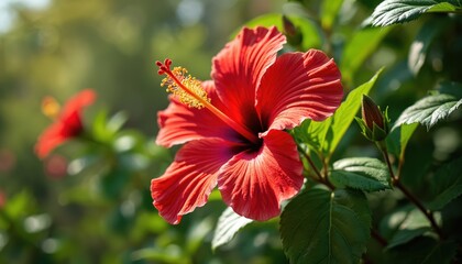 Bright red hibiscus flower blooms in sunny garden. Rich green leaves surround tropical plant. Focus on delicate petals and stamen. Nature theme background.
