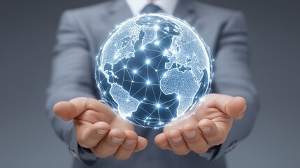 A Business Professional Holding a 3D Holographic Globe Representing Global Connectivity and Digital Innovation