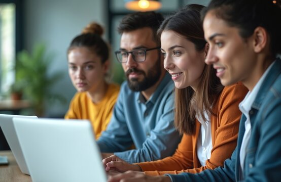 Four people collaborate on a project using laptops. Diverse group works together in a bright, modern workspace. Team members focus on computer screens, engaged in shared task. - Powered by Adobe