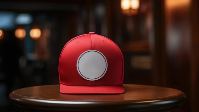 Red baseball cap with logo on table