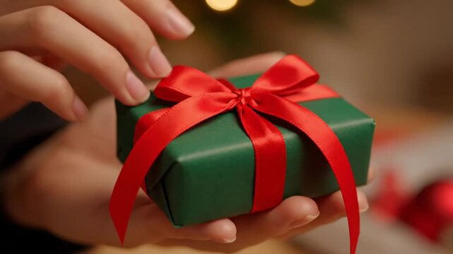 Hands holding a festive green gift box tied with a vibrant red ribbon
