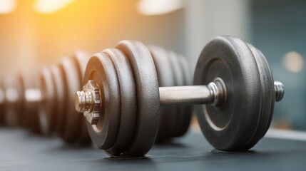Close-Up of Heavy Dumbbell Weights on Gym Equipment with Shallow Depth of Field and Warm Light for Fitness and Strength Training Promotion