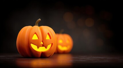 Obraz premium Two glowing Halloween pumpkins with carved faces and warm light, set against a dark background, creating a spooky yet festive atmosphere.