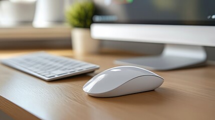 A white computer mouse sits on a wooden desk next to a keyboard
