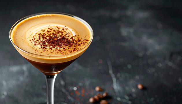 Classic Espresso Martini in sleek cocktail glass, rich crema on top, tasty drink, delicious and elegant