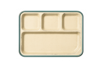 Vintage school lunch tray with multiple compartments, serving cafeteria meals, isolated with a transparent background