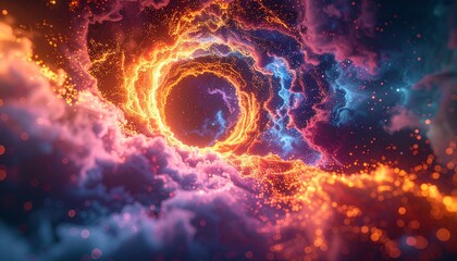 Obraz premium Swirling vortex of glowing particles and cosmic clouds in vibrant orange pink and blue hues
