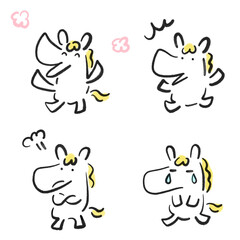墨絵のかわいい白馬の色々な感情と表情のセット　喜ぶ・驚く・怒る・泣く