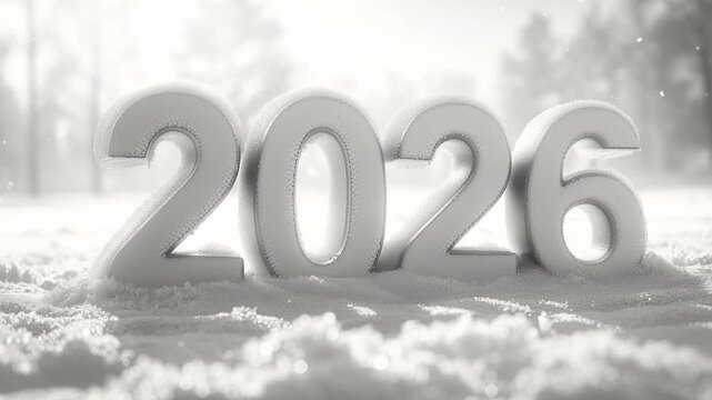 White numbers for the year 2026 slightly buried in pristine snow with a soft snowfall. Modern trendy tone hue shade color of the year