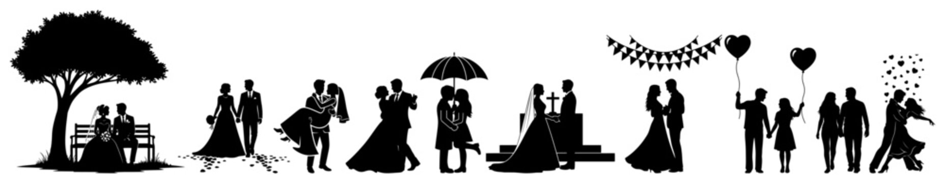 Vector collection of wedding couple silhouettes bride and groom in various romantic poses sitting walking and dancing for marriage design