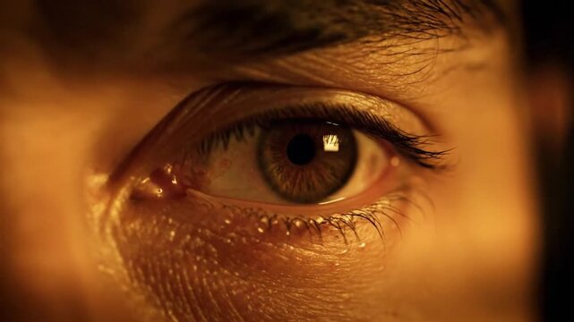 Intense close up of human eye, detailed iris, warm golden light, dramatic mood