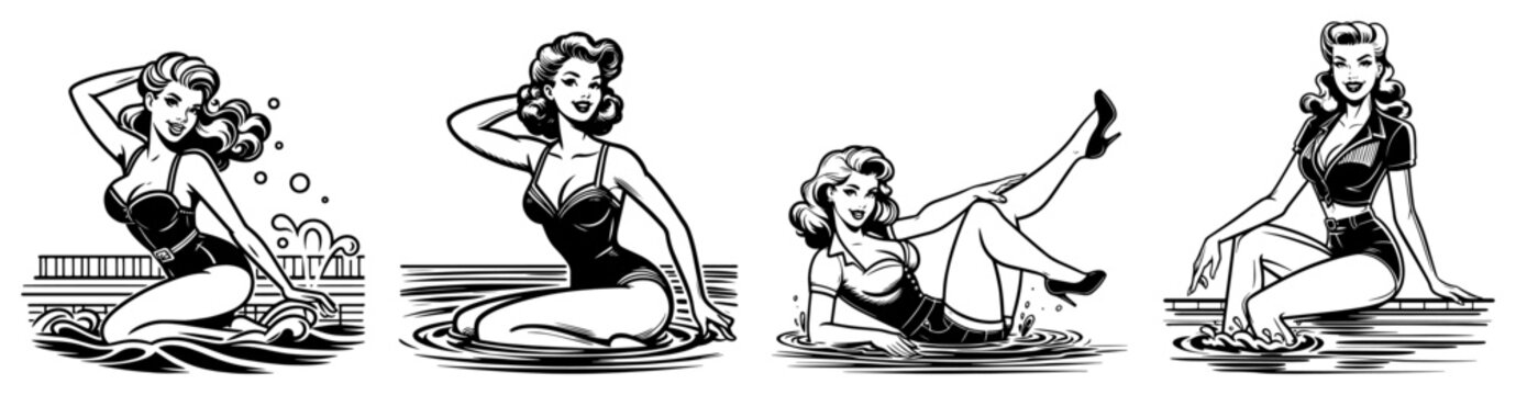 Classic Pin Up Model Posing Vector Set with Retro Fashion Girl and Sitting Beauty Silhouette Collection