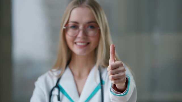 Portrait Caucasian doctor showing thumb up like gesture smiling in clinic looking at camera happy female medical girl cheerful in hospital recommending medicine health care immunization vaccination