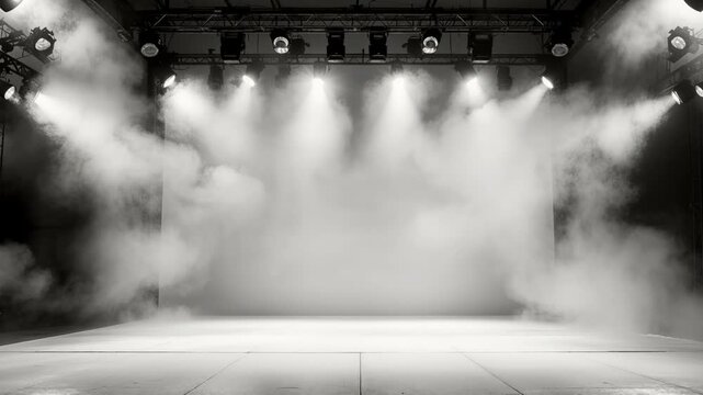 Empty stage illuminated by moving spotlights and filled with theatrical white smoke. Modern trendy tone hue shade color of the year 2026
