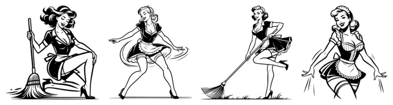 Retro Pin Up Maid Vector Set with Vintage Housewife Cleaning and Sweeping Silhouette Collection