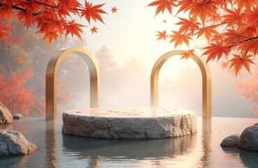 Natural podium with gold arches and autumn maple leaves. A serene scene with water reflecting sunlight, suitable for product promotion and beauty ads.