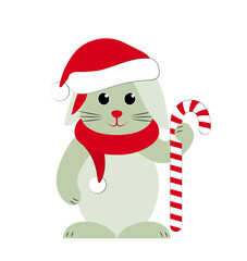 bunny with cap and scarf and christmas stick isolated on white background