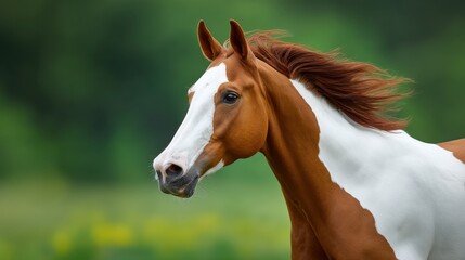 Obraz premium Majestic chestnut horse with white markings standing gracefully in a lush green field with a soft blur of nature in the background during golden hour