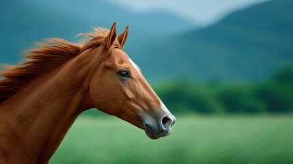 Obraz premium Majestic chestnut horse running gracefully through a lush green meadow with blurred mountains in the background under a clear blue sky