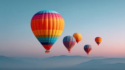 Colorful Hot Air Balloons Floating in a Clear Blue Sky with a Tranquil Mountain Landscape at Sunrise or Sunset in Soft Pastel Shades