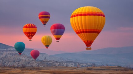 Obraz premium Colorful hot air balloons flying over scenic landscape during sunset with soft pastel sky and rolling hills creating a serene travel experience