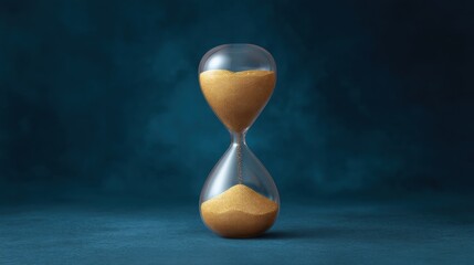 Elegant glass hourglass with golden sand against a dark blue background symbolizing the passage of time and the concept of impermanence in life