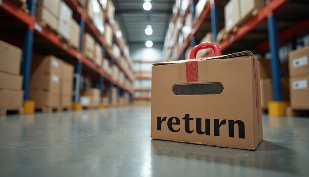 Cardboard box with return label sits on floor in large warehouse. Package stands in wide distribution aisle. Signifies modern online shopping order returns, e-commerce reverse logistics business.